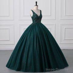 Shiny Emerald Green Sequined Tulle Quinceanera Dresses Backless V Neck Ball Gowns Evening Prom Dresses With Corset Back