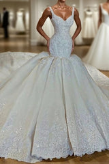 Shiny Mermaid Beading Lace Straps Applique Wedding Dress