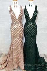 Shiny Mermaid Long V Neck Red Sequins Evening Prom Dress