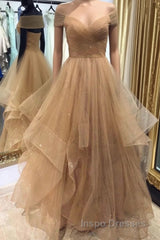 Shiny Off Shoulder Champagne Long Evening Prom Dress, Off the Shoulder Champagne Formal Dress, Fluffy Champagne Evening Dress