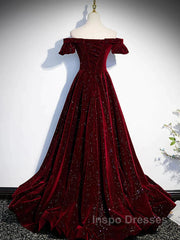 Shiny Off The Shoulder Burgundy Long Evening Prom Dress, Wine Red Long Formal Evening Dress