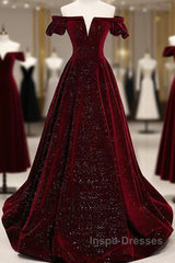 Shiny Off The Shoulder Burgundy Long Evening Prom Dress, Wine Red Long Formal Evening Dress