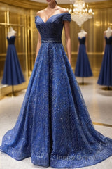 Shiny Off the Shoulder Navy Blue Long Evening Prom Dress, Off Shoulder Blue Formal Evening Dress