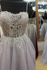 Shiny Open Back Gray Lace Long Evening Prom Dress, Gray Lace Formal Dress, Long Grey Evening Dress