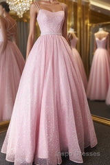 Shiny Pink Backless Long Evening Prom Dress, Pink Open Back Long Formal Evening Dress