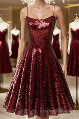 Shiny Sequins Backless Burgundy Short Evening Prom Dress, Backless Burgundy Homecoming Dress, Burgundy Formal Evening Dress