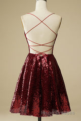 Shiny Sequins Backless Burgundy Short Evening Prom Dress, Backless Burgundy Homecoming Dress, Burgundy Formal Evening Dress