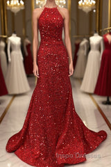 Shiny Sequins Backless Mermaid Red Long Evening Prom Dress, Mermaid Red Formal Dress, Backless Red Evening Dress