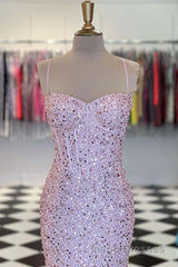 Shiny Sequins Mermaid Pink Long Evening Prom Dress, Sweetheart Neck Pink Formal Dress, Mermaid Pink Evening Dress