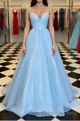 Shiny Sequins V Neck Blue Long Evening Prom Dress, Sparkly Blue Formal Graduation Evening Dress
