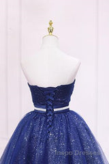 Shiny Strapless Sweetheart Neck Blue Short Evening Prom Homecoming Dress with Belt, Sparkly Blue Formal Evening Dress