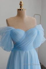 Shiny Tulle Off the Shoulder Tea Length Evening Prom Dress, Homecoming Dress, Off Shoulder Formal Graduation Evening Dress