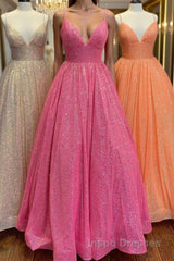 Shiny Tulle V Neck Backless Hot Pink/Orange/Champagne Long Evening Prom Dress, Backless Hot Pink/Orange/Champagne Formal Graduation Evening Dress