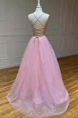 Shiny V Neck Backless Pink Long Evening Prom Dress, Backless Pink Formal Graduation Evening Dress