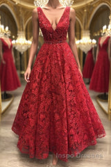 Shiny V Neck Burgundy Lace Long Evening Prom Dress, Burgundy Lace Formal Dress, Sparkly Burgundy Evening Dress