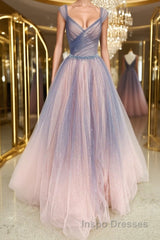 Shiny V Neck Colorful Champagne Long Evening Prom Dress, Champagne Formal Evening Dress