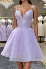 Shiny V Neck Lilac Short Evening Prom Dress, Lilac Homecoming Dress