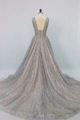 Shiny V Neck Open Back Champagne Long Evening Prom Dress, Champagne Formal Graduation Evening Dress