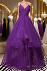 Shiny V Neck Purple Long Evening Prom Dress, Long Purple Formal Evening Dress, Purple Ball Gown