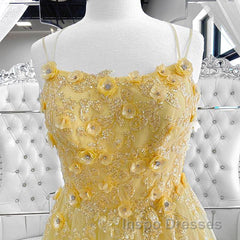 Shiny Yellow Lace Floral Evening Prom Dress, Shiny Yellow Lace Floral Formal Evening Dress