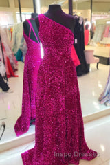 Purple Sequin One-Shoulder Backless A-Line Long Evening Prom Dress