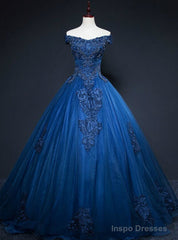 Shops Around The World Navy Blue Tulle Appliques Off the Shoulder Beading Quinceanera Dress