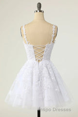 Short A-line V-neck Tulle Lace Backless Evening Prom Dress white Homecoming Dress