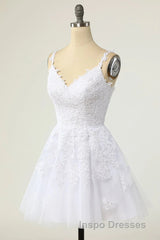 Short A-line V-neck Tulle Lace Backless Evening Prom Dress white Homecoming Dress