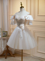 Short Beige Evening Prom Dress, Beige Tulle Lace Homecoming Dress