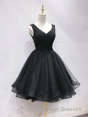Short Black Lace Evening Prom Dress, Short Black Lace Homecoming Graduation Dress