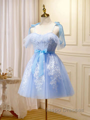 Short Blue Lace Evening Prom Dress, Short Blue Lace Formal Graduation Dress