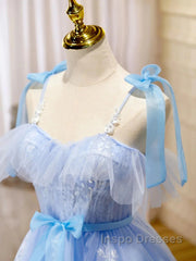 Short Blue Lace Evening Prom Dress, Short Blue Lace Formal Graduation Dress