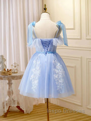 Short Blue Lace Evening Prom Dress, Short Blue Lace Formal Graduation Dress