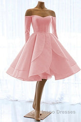 Short Satin Long Sleeves Off Shoulder Ruffles Skirt Wedding Dress