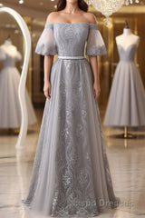 Short Sleeves Grey Lace Long Evening Prom Dress, Short Sleeves Gray Lace Long Formal Evening Dress