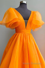 Short Sleeves Orange Long Evening Prom Dress, Orange Long Formal Evening Dress