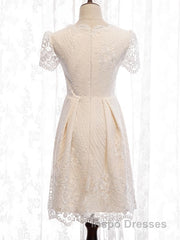 Short Sleeves Short Champagne Lace Evening Prom Dress, Short Champagne Lace Formal Wedding Dress
