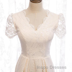 Short Sleeves Short Champagne Lace Evening Prom Dress, Short Champagne Lace Formal Wedding Dress