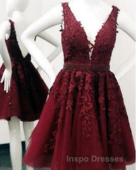 Short V-neck Tulle Evening Prom Homecoming Dress Lace Embroidery
