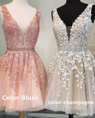 Short V-neck Tulle Evening Prom Homecoming Dress Lace Embroidery