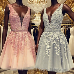 Short V-neck Tulle Evening Prom Homecoming Dress Lace Embroidery