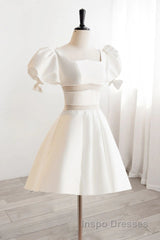 Short White Beaded Evening Prom Dress, Short White Beaded Formal Homecoming Dress
