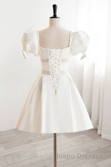 Short White Beaded Evening Prom Dress, Short White Beaded Formal Homecoming Dress