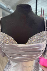 Silver Cold Sleeves Beaded Ruched Mermaid Evening Prom Dress