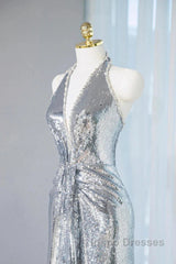 Silver Sequins Sheath V-Neck Long Evening Prom Dress Shiny Evening Dress