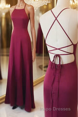 Simple A Line Backless Burgundy Satin Long Evening Prom Dress, Burgundy Formal Dress, Burgundy Evening Dress