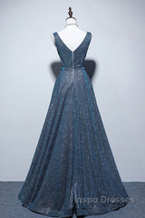 Simple  A-Line Blue Long Evening Prom Dress, Blue Formal Dress