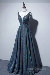 Simple  A-Line Blue Long Evening Prom Dress, Blue Formal Dress