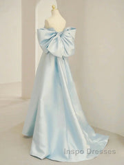 Simple A Line Off The Shoulder Blue Satin Long Evening Prom Dress