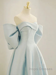 Simple A Line Off The Shoulder Blue Satin Long Evening Prom Dress